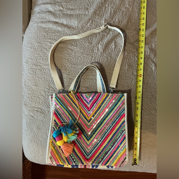 America & Beyond Chevron Boho Multicolor Pom-Pom Embroidered Crossbody Tote Bag - Picture 7 of 8